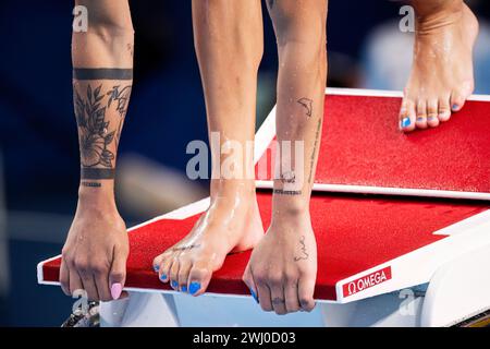 Doha, Katar. Februar 2024. Ein allgemeiner Überblick über die Schwimmvorbereitungen während der 21. Aquatikweltmeisterschaft im Aspire Dome in Doha (Katar), 12. Februar 2024. Quelle: Insidefoto di andrea staccioli/Alamy Live News Stockfoto