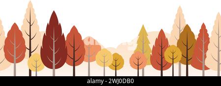 Nahtloser Wald mit Bergen im Herbst Farben Vektor flache Illustration isoliert auf Einem weißen Hintergrund. Horizontal Wiederholbar. Stock Vektor