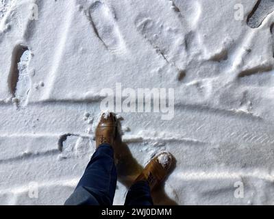 Winter-Erkundung: Die ersten Schritte einer Person auf frischem, schneebedecktem Boden Stockfoto