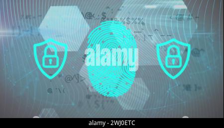 Bild von biometrischem Fingerabdruck, Online-Sicherheitsvorhängeschlössern und Datenverarbeitung über Sechsecken Stockfoto