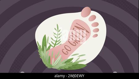 Bild des Fußes mit Gobrün und Pflanzen auf spiralförmigem violettem Hintergrund Stockfoto