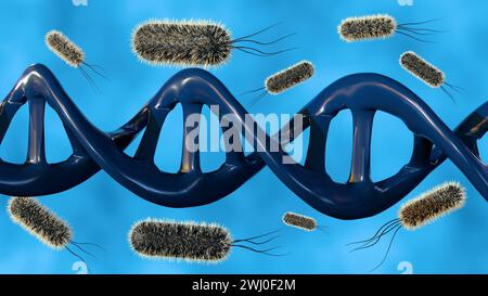 3D-Rendering eines Doppelhelix-DNA-Strangs umgeben von mehreren stabförmigen Bakterien, die Interaktion zwischen Bakterien und DNA. Stockfoto