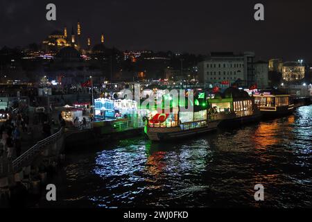 Istanbul, Türkei - 11. Dezember 2023: Nächtlicher Blick auf die Promenade des Goldenen Horns und die Suleiman- oder Suleymaniye-Moschee Stockfoto