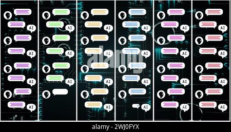 Bild von AI-Text, Symbolen und Datenverarbeitung über Leiterplatte Stockfoto