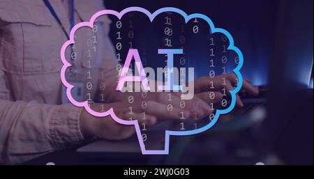 Bild von KI-Text, Symbolen und Datenverarbeitung über kaukasierin am Computer Stockfoto