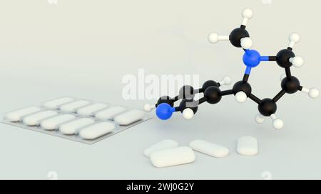 3D-Darstellung von Nikotingummi und Nikotinmolekülen Stockfoto