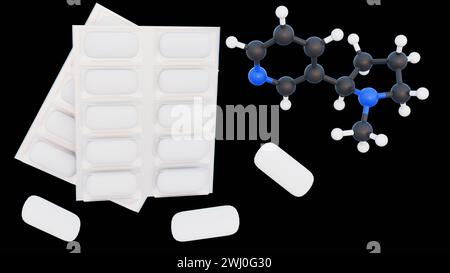 3D-Darstellung von Nikotingummi und Nikotinmolekülen Stockfoto