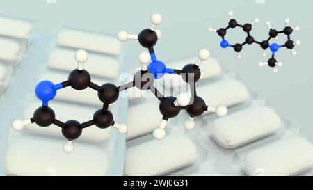 3D-Darstellung von Nikotingummi und Nikotinmolekülen Stockfoto