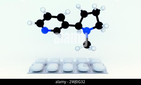 3D-Darstellung von Nikotingummi und Nikotinmolekülen Stockfoto