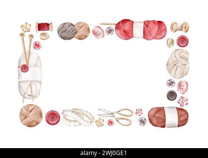 Aquarellrahmen mit Garnknäueln, Wollkugeln, Zentimeterband, Knöpfen, Perlen, Schere, Stricknadeln, Spule. Vorlage zum Stricken von Blogs Stockfoto