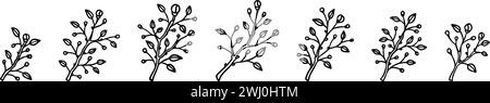 Frühlingsblühende Umrisse Ast Set. Schwarz-weiße handgezeichnete, minimalistische Symbole für blühende Pflanzen. Minimales modernes Designelement für Grußkarten, vermählt Stock Vektor