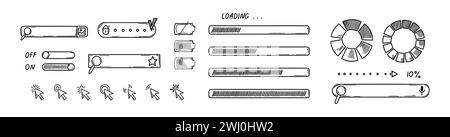 Set mit Doodle-Elementen im Webdesign. Symbole, Leisten, Schaltflächen der Website-Benutzeroberfläche. Code-Software-Technologie. Stock Vektor