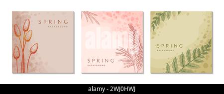 Abstraktes Hintergrundset mit Blumen im Frühling. Vorlage für quadratische Post in sozialen Medien. Frühlingsblumen-Design, Grußkarte, Etikett, Flyer, Faltblatt, poste Stock Vektor