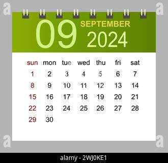 September 2024. Vektor-Monatskalendervorlage 2024 Jahre im einfachen Stil für das Vorlagendesign. Die Woche beginnt am Sonntag. Stock Vektor