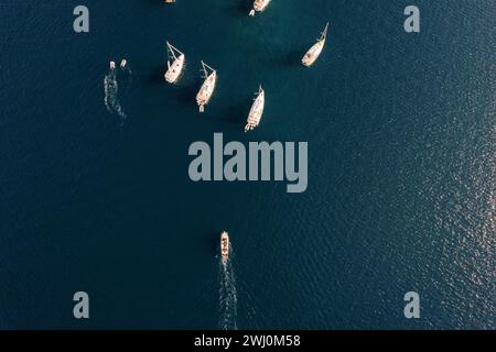 Motorboot segelt über das Meer in Richtung einer Segelregatta. Draufsicht Stockfoto