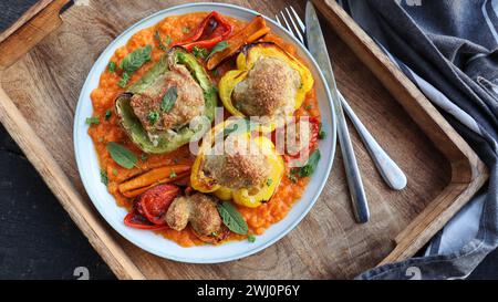 Gefüllte Paprika mit Couscous und Rindfleisch. Draufsicht Stockfoto