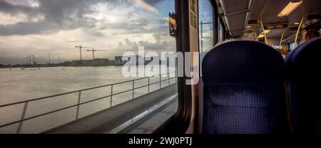 Leere Fahrgastsitze im niederländischen Eisenbahnabteil mit großer Fensterlandschaft. Öffentliche Verkehrsmittel in der Busklasse. Stockfoto