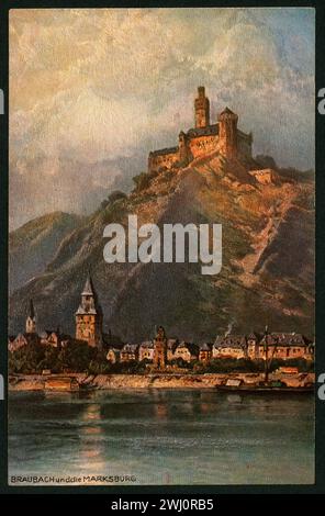 Europa, Deutschland, Rheinland-Pfalz, Braubach am Rhein, im Hintergrund die Marksburg, Postkarte, gehört zu den Astudin Karten ( Nikolai von Astudin, 1847-1925, Landschaftsmaler ) , veröffentlicht bei Hoursch & Bechstedt, Köln, auf der Rückseite mit Bleistift geschrieben 2. Oktober 1913 . Rechte werden nicht vertreten . / Europa, Deutschland, Rheinland-Pfalz, Braubach am Rhein , im Hintergrund die Marksburg, Postkarte, Teil der sogenannten Astudin-Karten ( Nikolai von Astudin, 1847-1925, Landschaftsmaler ) , herausgegeben von Hoursch und Bechstedt, Köln, auf der Rückseite mit Penci geschrieben Stockfoto