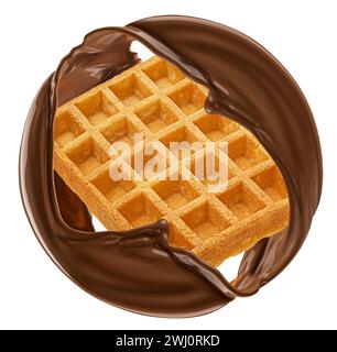 Waffeln und Schokoladenspritzer isoliert auf weißem Hintergrund Stockfoto