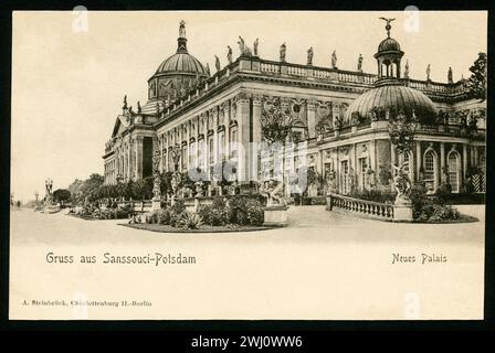 Europa, Deutschland, Brandenburg, Potsdam, Sanssouci, neues Palais, Postkarte, herausgegeben von A. Steinbrück, Charlottenburg II - Berlin , um 1900 . Rechte werden nicht vertreten . / Europa, Deutschland, Brandenburg, Potsdam, Sanssouci, neues Schloss, Postkarte, herausgegeben von A. Steinbrueck, Charlottenburg II - Berlin , um 1900 . Es gibt keine Rechte . Stockfoto