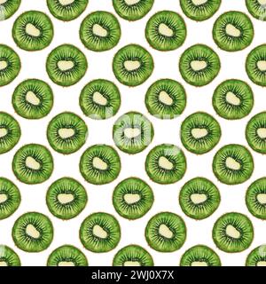 Nahtloses Aquarellmuster. Kiwi-Früchte, grüne Kiwi-Kreise, die in Aquarellen von Hand gezeichnet wurden. Geeignet zum Bedrucken auf Stoff und Papier, für die Küche Stockfoto