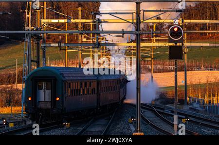 Die Dampflokomotive der Baureihe 01 fährt aus dem Bahnhof Rafz hinaus. Die Schnellzuglokomotive mit Baujahr 1937 befindet sich auf Abschiedsfahrt ins Stockfoto