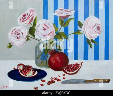 Gemälde - Granatapfelfrühstück - Stilleben Originalkunstwerke Stockfoto