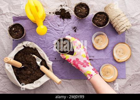 Pflanzen von Tomaten-Setzlingen, Frauenhand mit einem Topf, Blick von oben auf einem Tisch mit umweltfreundlichen Töpfen und einem Beutel mit Erde, Vorbereitung für das Frühlingsanpflanzen von Tomaten im Garten Stockfoto