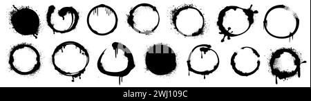 Sprühen Sie schwarze Kreise mit Tropfen, Flecken und Tintenspritzern im Street Style. Vektorsatz des städtischen Graffiti-runden, gesprühten Ring-Design-Elements oder der farbigen kreisförmigen Grenze isoliert auf weißem Hintergrund. Stock Vektor