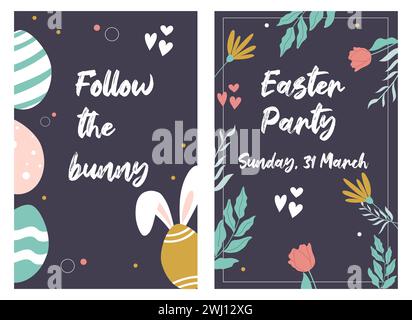 Handgezeichnete Poster Osterparty, Folge dem Hasen. Farbenfrohes vertikales Design mit Frühlingsblumen, Herz und Eiern. Stock Vektor
