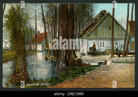 Europa, Deutschland, Brandenburg, Spreewald, eventuell Burg an der Spree? Wohnhäuser, Postkarte, verschickt am 12. 1910 , Verlag : Otto Rechnitz Nachf. , Cottbus . Rechte werden nicht vertreten . / Europa, Deutschland, Brandenburg, Spreewald, mögliche Burg an der Spree? Häuser, Postkarte, 12. 02. 1910 , herausgegeben von Otto Rechnitz Nachfolger Cottbus . Es gibt keine Rechte . Stockfoto