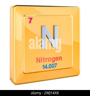 Stickstoff N, chemisches Element Nummer 7 im Periodensystem. 3D-Rendering isoliert auf weißem Hintergrund Stockfoto
