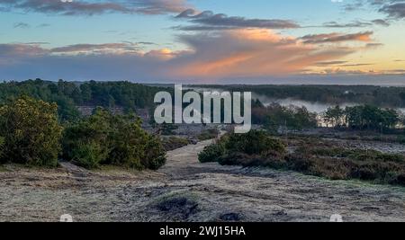 Frensham Little Pond, Farnham, Surrey. Februar 2024. Ein schöner Start in den Tag für die Home Counties. Sonnenaufgang über Frensham Little Pond in der Nähe von Farnham in Surrey. Quelle: james jagger/Alamy Live News Stockfoto