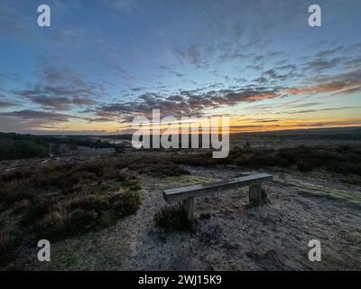 Frensham Little Pond, Farnham, Surrey. Februar 2024. Ein schöner Start in den Tag für die Home Counties. Sonnenaufgang über Frensham Little Pond in der Nähe von Farnham in Surrey. Quelle: james jagger/Alamy Live News Stockfoto