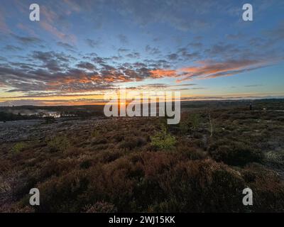 Frensham Little Pond, Farnham, Surrey. Februar 2024. Ein schöner Start in den Tag für die Home Counties. Sonnenaufgang über Frensham Little Pond in der Nähe von Farnham in Surrey. Quelle: james jagger/Alamy Live News Stockfoto
