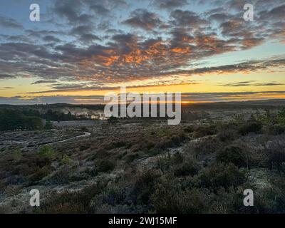 Frensham Little Pond, Farnham, Surrey. Februar 2024. Ein schöner Start in den Tag für die Home Counties. Sonnenaufgang über Frensham Little Pond in der Nähe von Farnham in Surrey. Quelle: james jagger/Alamy Live News Stockfoto
