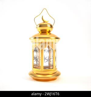 Arabische Laterne 3D isoliert auf weißem Hintergrund. Goldene Laterne, 3D-Rendering-Illustration. Stockfoto