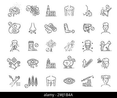 Symbole für Allergien. Asthma, Fieber, Rhinitis allergische Symptome mit Vektordünnlinienallergenen. Allergie gegen Pollen, Nahrung, Staub und Tiere umreißen Symbole für laufende Nase und Auge, Niesen, Husten und Fieber Stock Vektor