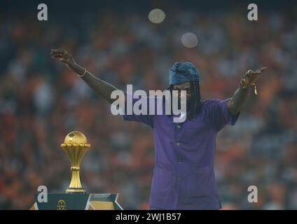 11. Februar 2024: Emmanuel Adebayor (Togo) Gesten während des Finalspiels des African Cup of Nations, Elfenbeinküste gegen Nigeria, im Alassane Ouattara Stadium, Abidjan, Elfenbeinküste. Kim Preis/CSM Stockfoto