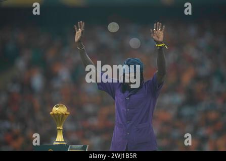 11. Februar 2024: Emmanuel Adebayor (Togo) Gesten während des Finalspiels des African Cup of Nations, Elfenbeinküste gegen Nigeria, im Alassane Ouattara Stadium, Abidjan, Elfenbeinküste. Kim Price/CSM (Credit Image: © Kim Price/Cal Sport Media) Stockfoto