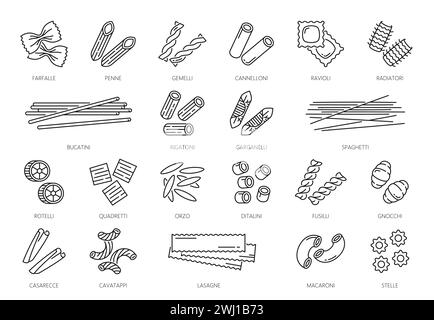 Kontursymbole für Nudeln oder Piktogramme für Nudeln. Farfalle, Penne, gemelli, Cannelloni und Ravioli, radiatori verschiedene Formen italienische Weizennudeln, italienische Küche Nudeln Arten dünne Linie Vektor Symbole gesetzt Stock Vektor