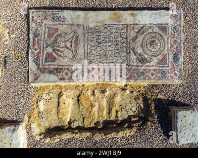 Grabstein und Mosaik von Baleria, Basilika von Son Peretó aus dem paläochristlichen Kult, archäologische Stätte von Son Peretó, Manacor, Mallorca, Balearen, Sp Stockfoto