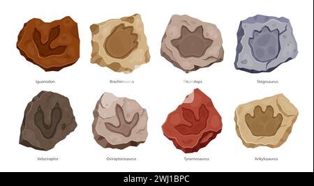 Alte Dinosaurierspuren, archäologisches Fossil. Iguanodon, Brachiosaurus, triceratops oder Stegosaurus. Velociraptor, Oviraptorosaurus, tyrannosaurus und Ankylosaurus Comic Vektor Reptilien Fußpfade Stock Vektor