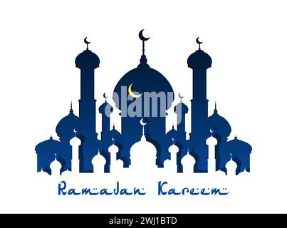 Ramadan kareem muslimische Moschee Silhouette mit Mondsichel am Himmel. EID mubarak Weihnachtsgrußkarte, verziert mit leuchtenden Farben. Vektor-Wunsch nach Freude, Segen und Frieden während des heiligen Monats Stock Vektor