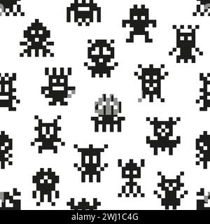 Pixelmonster, nahtloses Arcade-Spielmuster. Stoff- oder Textilhintergrund, Tapetenvektor nahtloser Hintergrund oder Druck mit altem Arcade-Pixel-Alien-Monster, Retro-Videospielroboter oder Kreatur-Charakter Stock Vektor