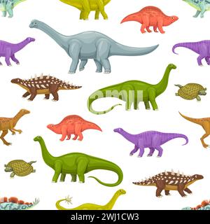 Nahtloses Muster für Dinosaurier-Zeichentrickfiguren. Lustige Stoffkulisse, textiler Vektordruck mit Polacanthus, Eoraptor, Lotosaurus und Wuerhosaurus, Shunosaurus, Haplocanthosaurus Dinosaurier Persönlichkeiten Stock Vektor