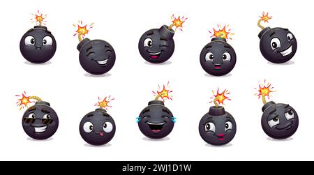 Comic Bomb Charaktere. Explosive Waffenkräfte mit niedlichen, lächelnden Gesichtern, Feuerfunken und Wickeln. Vektor-Explosions-Emojis Set aus schwarzen Retro-Bomben oder Granaten-Kugeln mit Sonnenbrille und Zunge Stock Vektor
