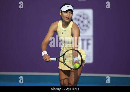 DOHA, KATAR - 12. FEBRUAR: Emma Raducanu aus Großbritannien im Kampf gegen Anhelina Kalinina aus der Ukraine in der ersten Runde am Tag 2 während der Qatar TotalEnergies Open, Teil der Hologic WTA Tour im Khalifa International Tennis and Squash Complex am 12. Februar 2024 in Doha, Katar (MB Media) Credit: MB Media Solutions/Alamy Live News Stockfoto