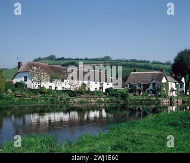 England. Devon. Bickleigh. Strohgedeckte Hütten am Fluss exe. Stockfoto