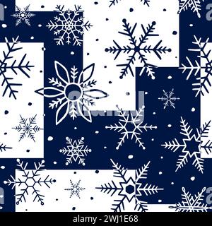 Nahtloses Schneeflocken-Muster. Schneeflocken Hintergrund. Wiederholte blaue Textur. Schneehandzeichnung. Wiederholung der Winterzeichnung. Design von Schneeflocken zum Aufdrucken Stock Vektor